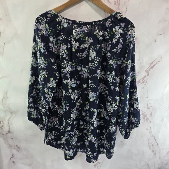 J Jill Shirt Womens Medium Blue Purple Floral Keyhole Blouse Popover Tassel Navy - Picture 5 of 12